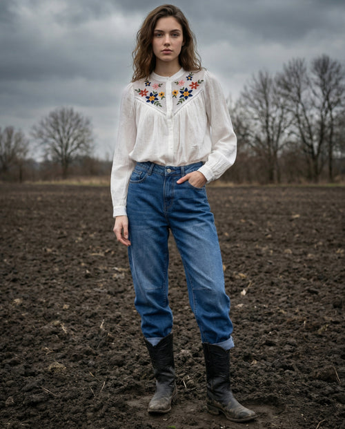 ALIZA | Embroidered Collarless Shirt | Off White