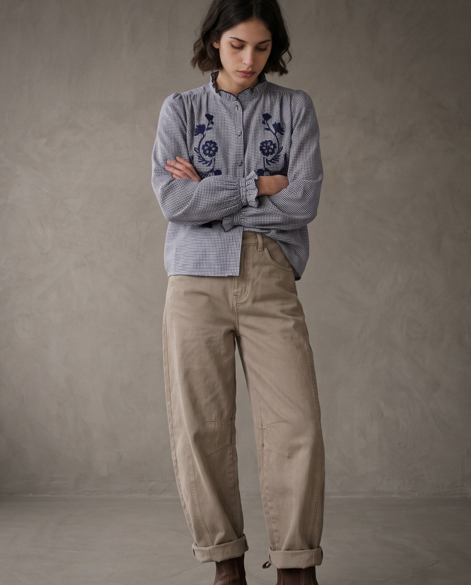NOTO | Embroidered Blouse | Navy Gingham