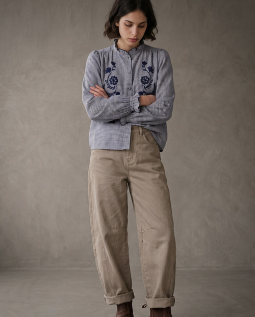 NOTO | Embroidered Blouse | Navy Gingham