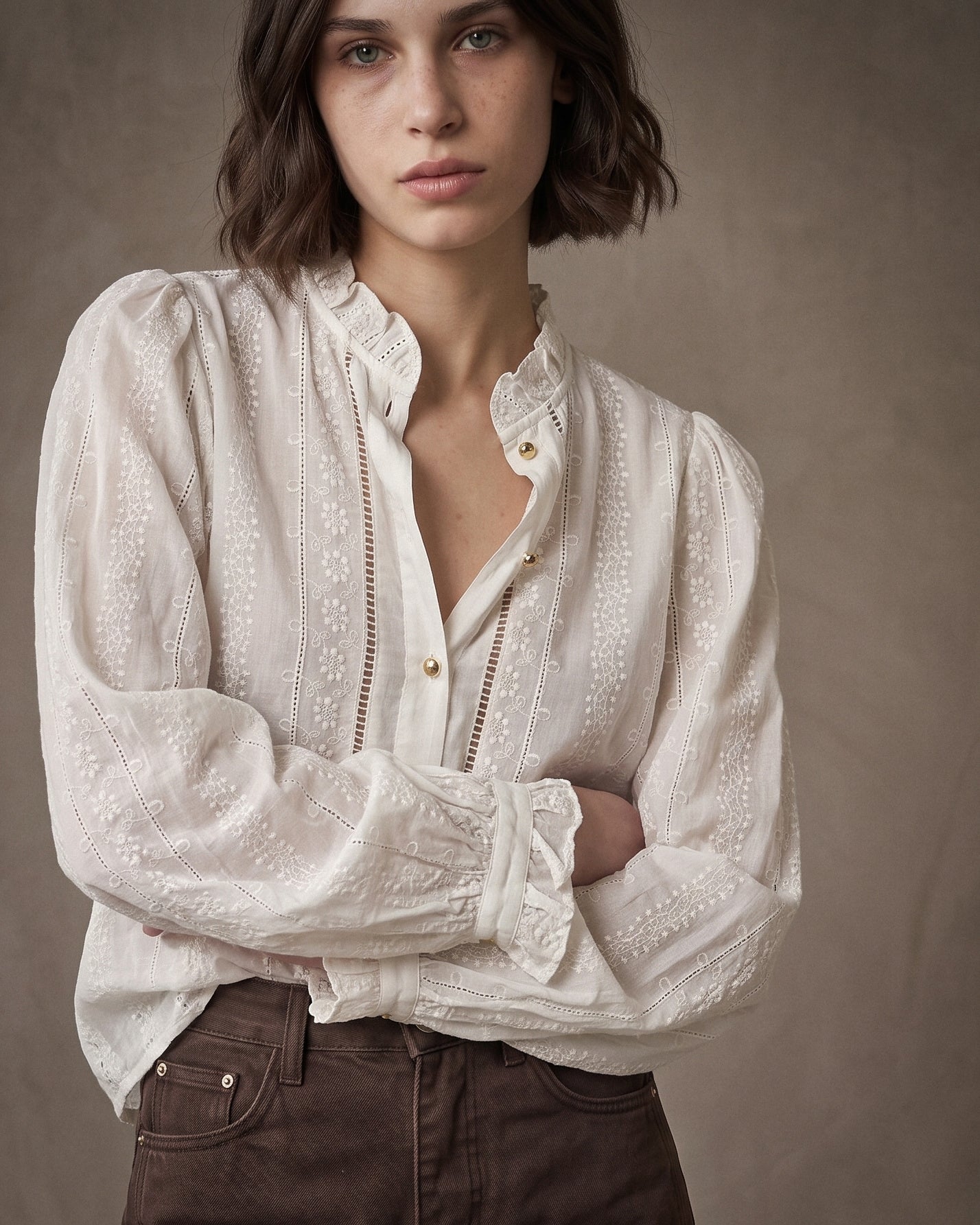 AGNES | Embroidered Ruffle Blouse | Ecru