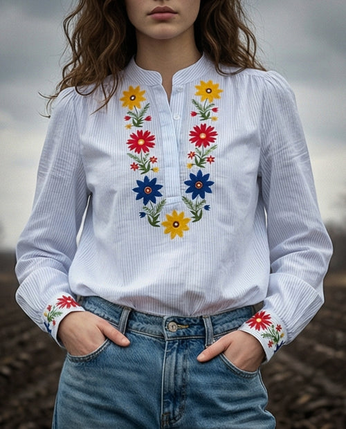NATANIA | Embroidered Collarless Shirt | White / Pale Blue stripe