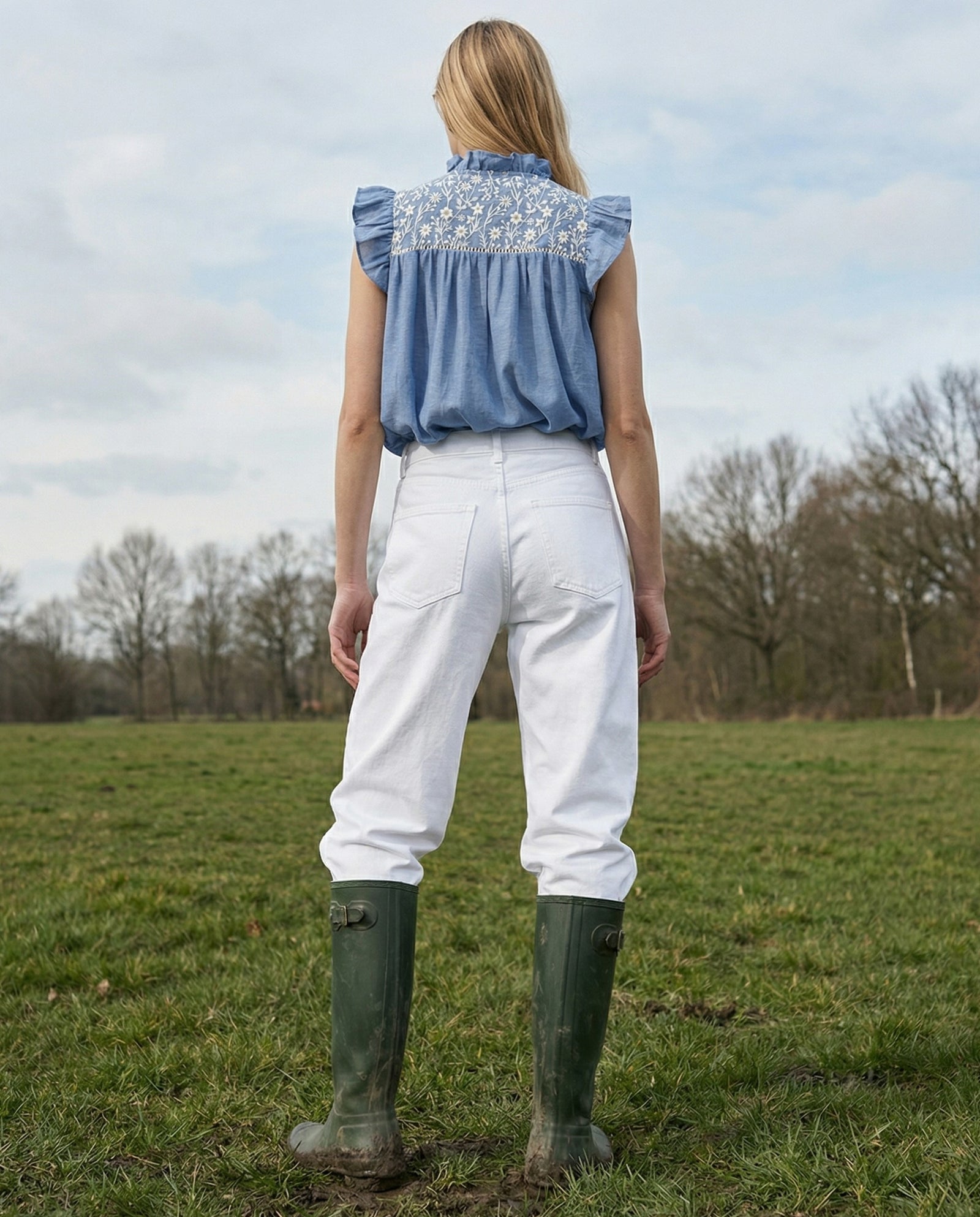 ODELLE | Embroidered Top | Denim Blue