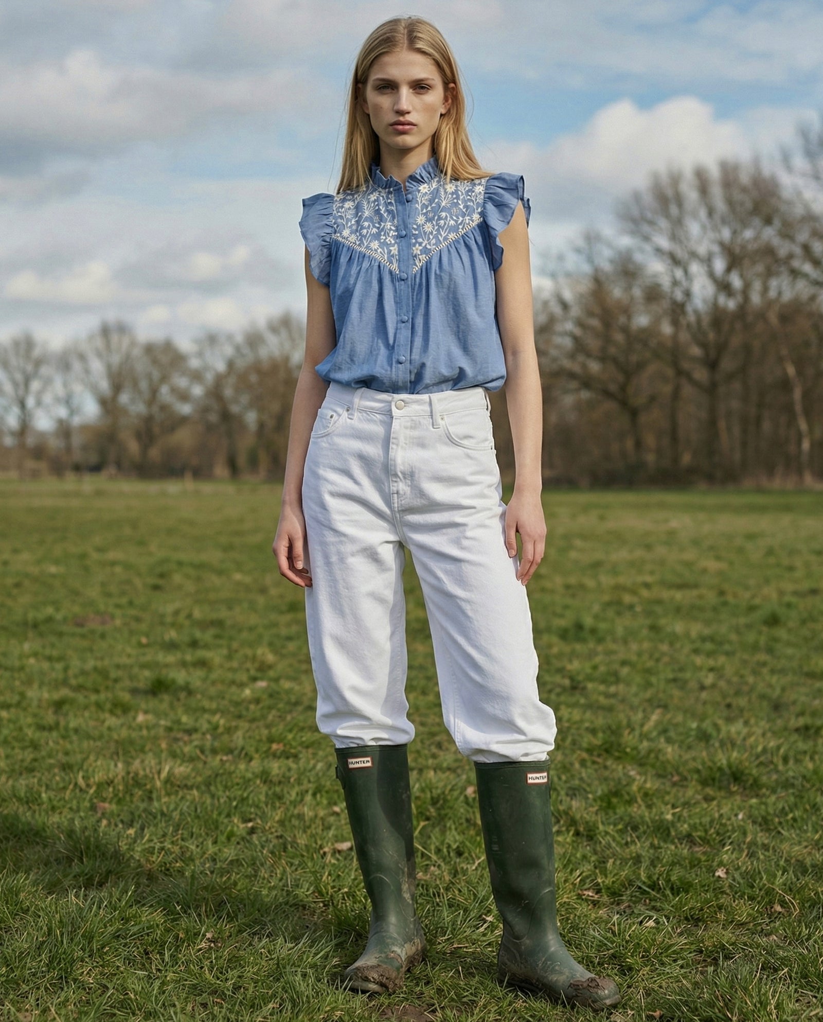 ODELLE | Embroidered Top | Denim Blue