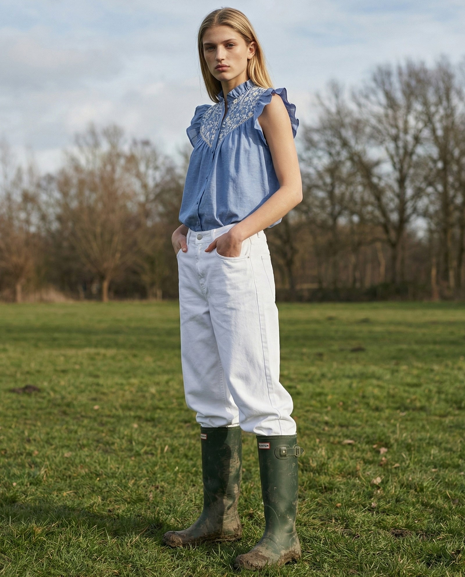 ODELLE | Embroidered Top | Denim Blue