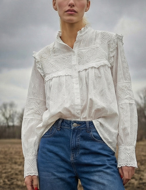 GISSE | Ruffle & Embroidery Shirt | White