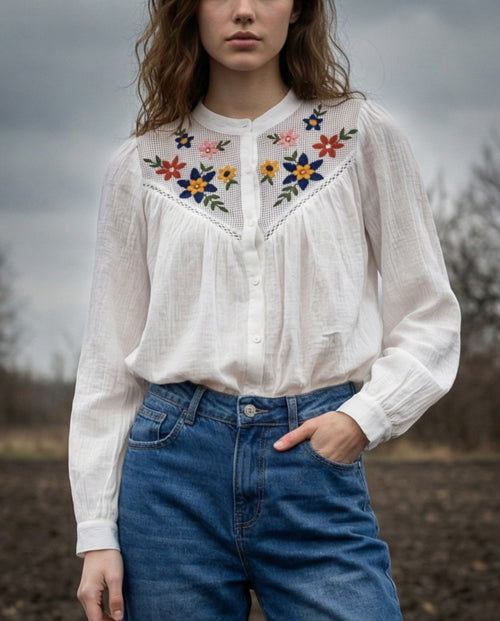 ALIZA | Embroidered Collarless Shirt | Off White