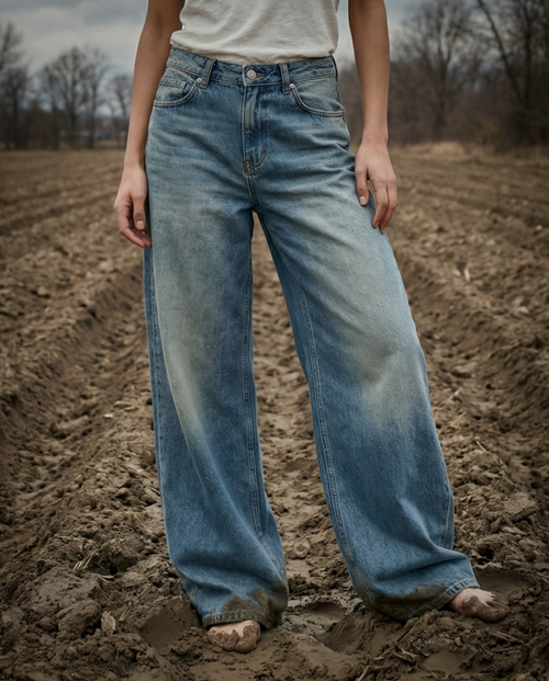TIKVA | Baggy Cut Wide Leg Jeans | Faded Denim Wash
