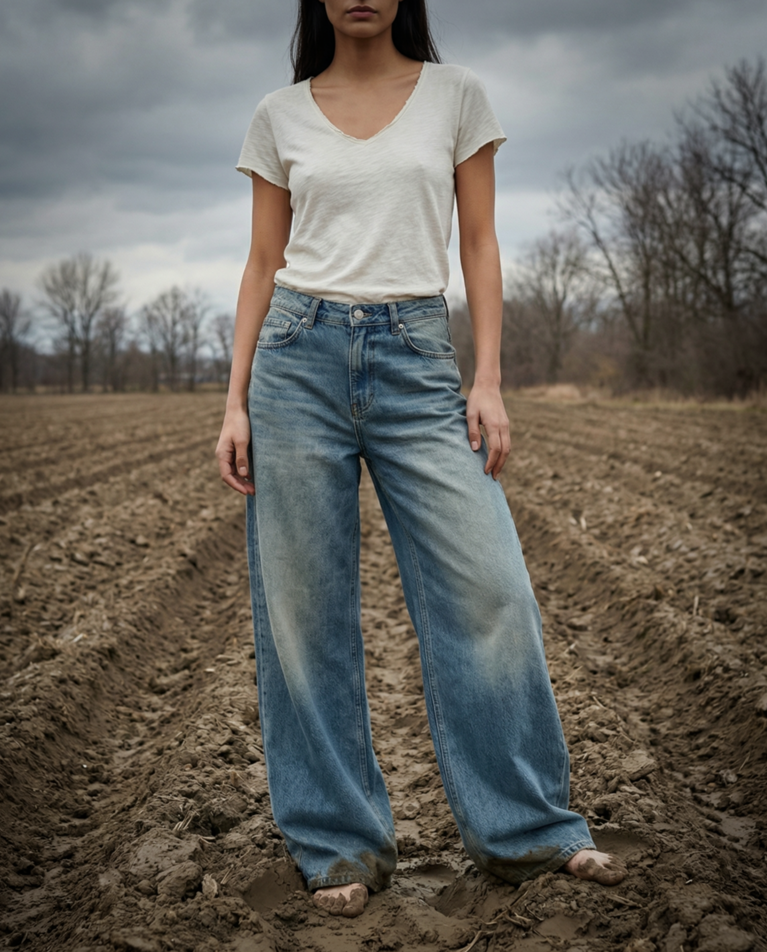 TIKVA | Baggy Cut Wide Leg Jeans | Faded Denim Wash