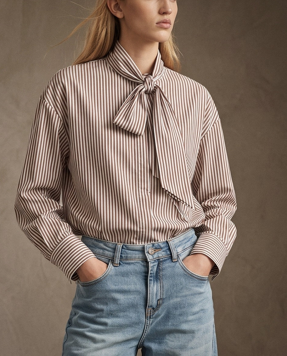 ERICO | Bow Tie Blouse | Taupe Stripe