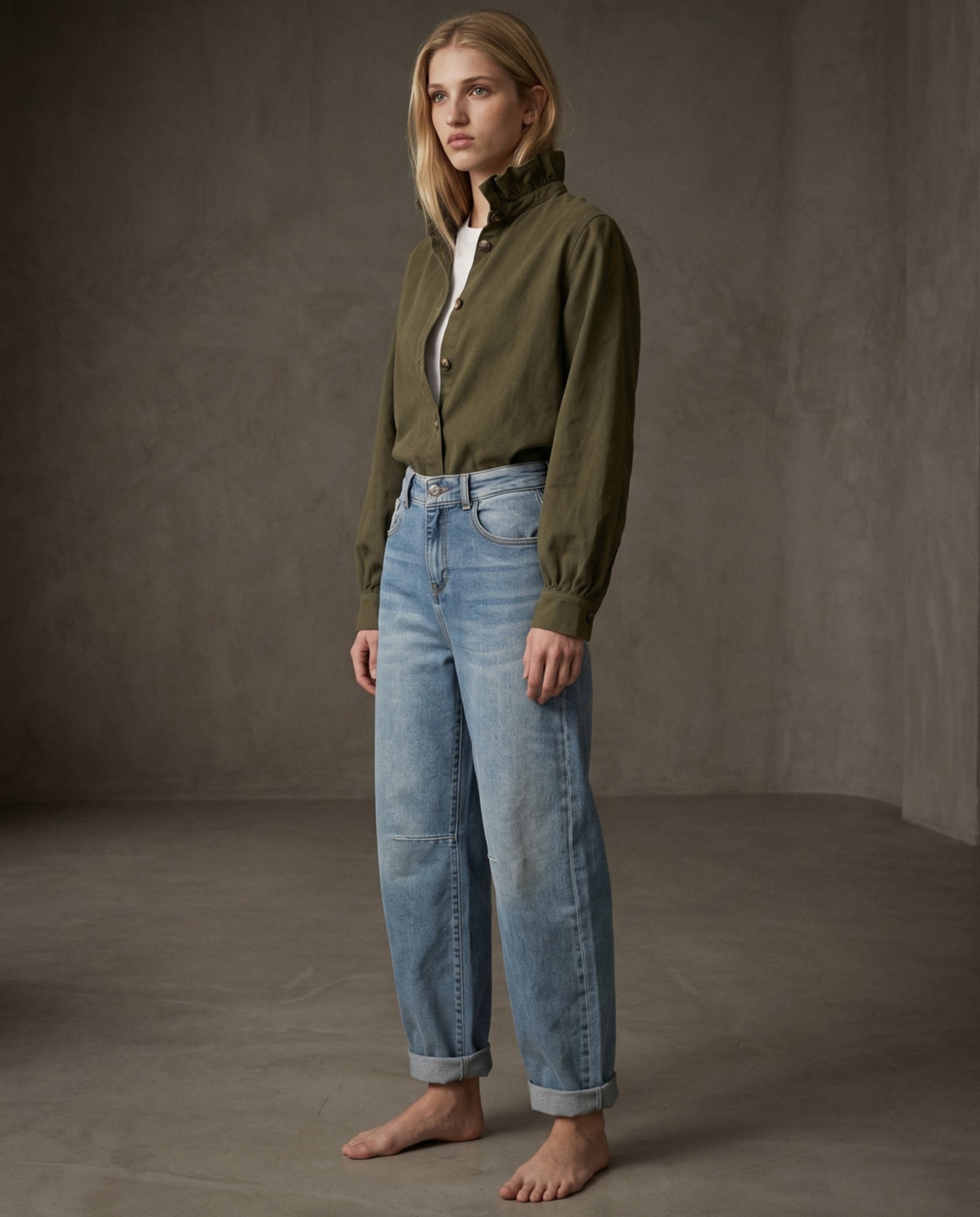 SHIRI | Ruffle Collar Overshirt | Khaki