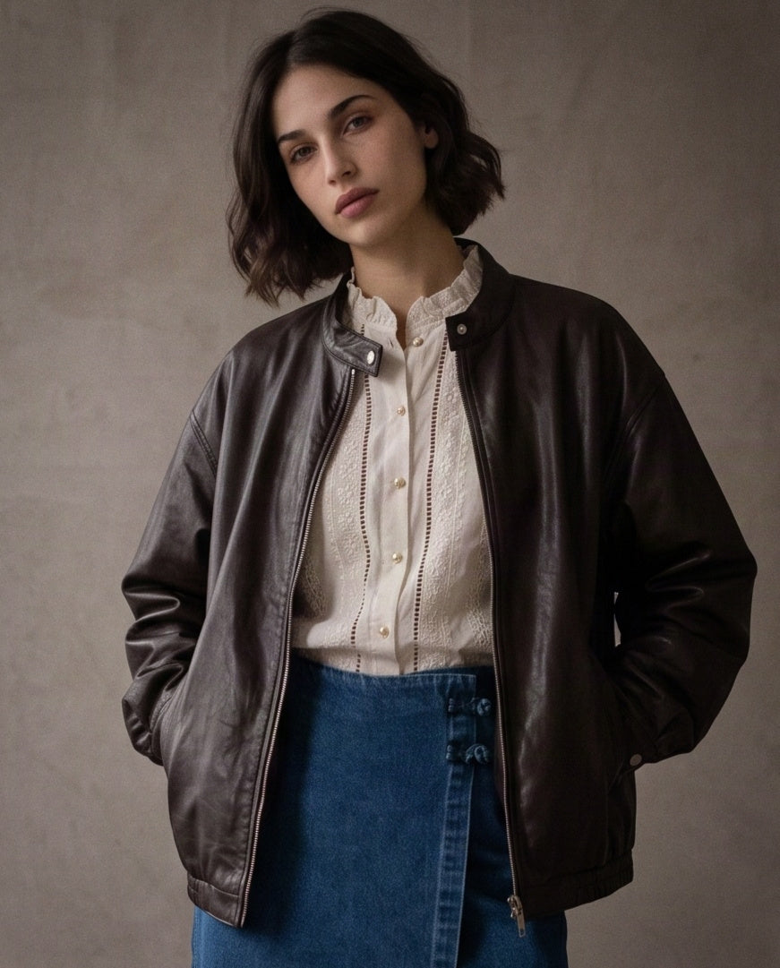 LEONIE | Faux Leather Bomber | Chocolate