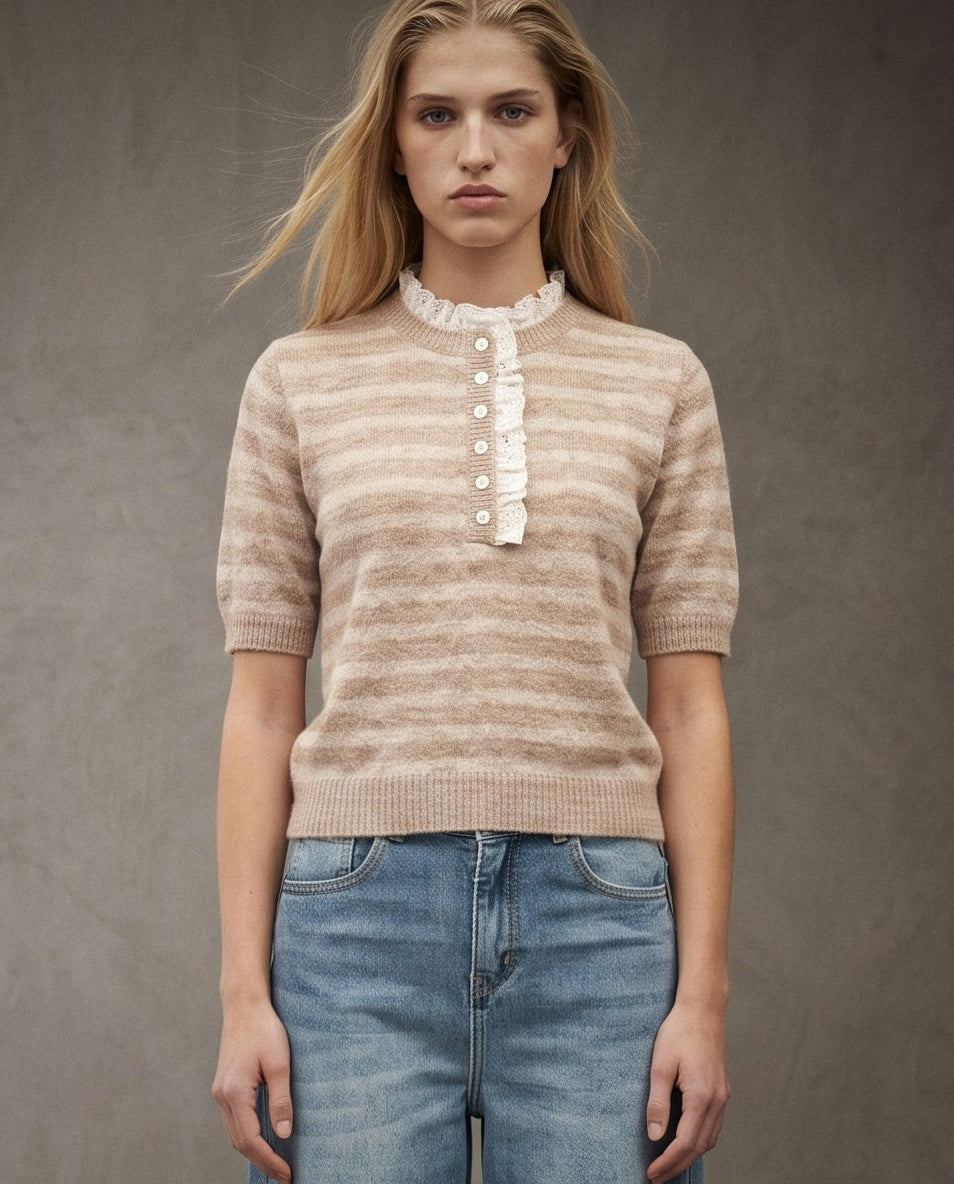 ORSO | Ruffle-Trim Knit Top | Tan