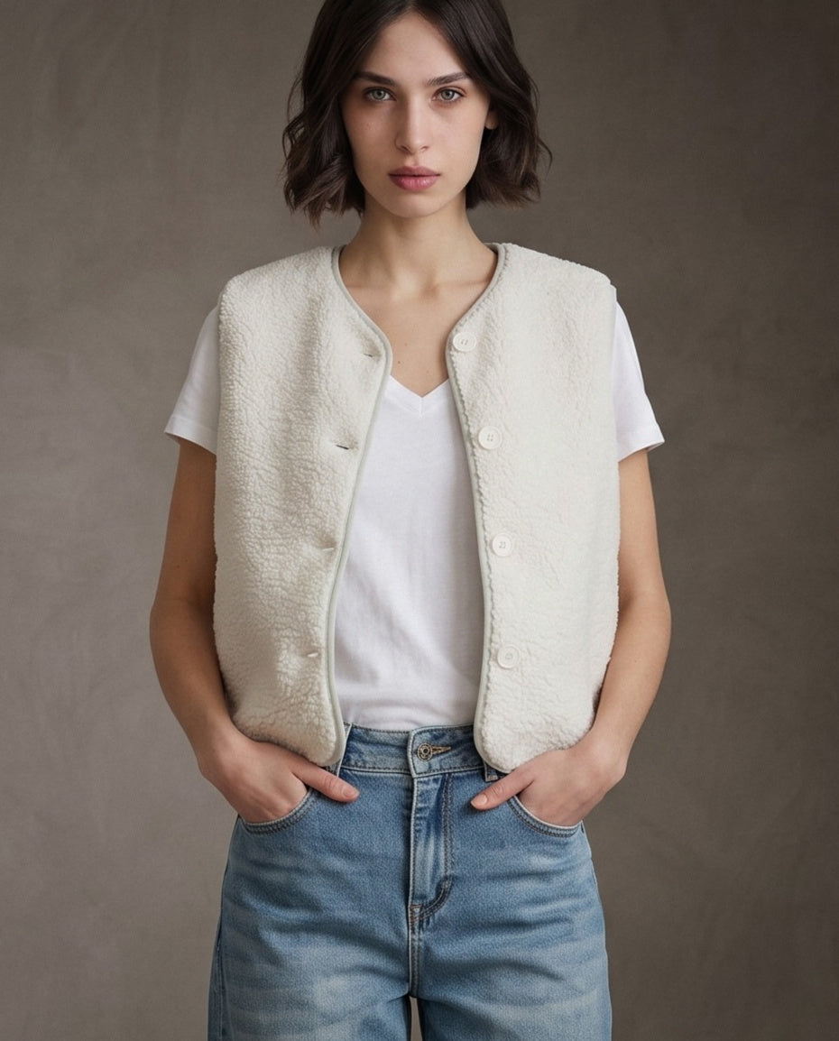 ORNA | Faux Shearling Gilet | Ecru