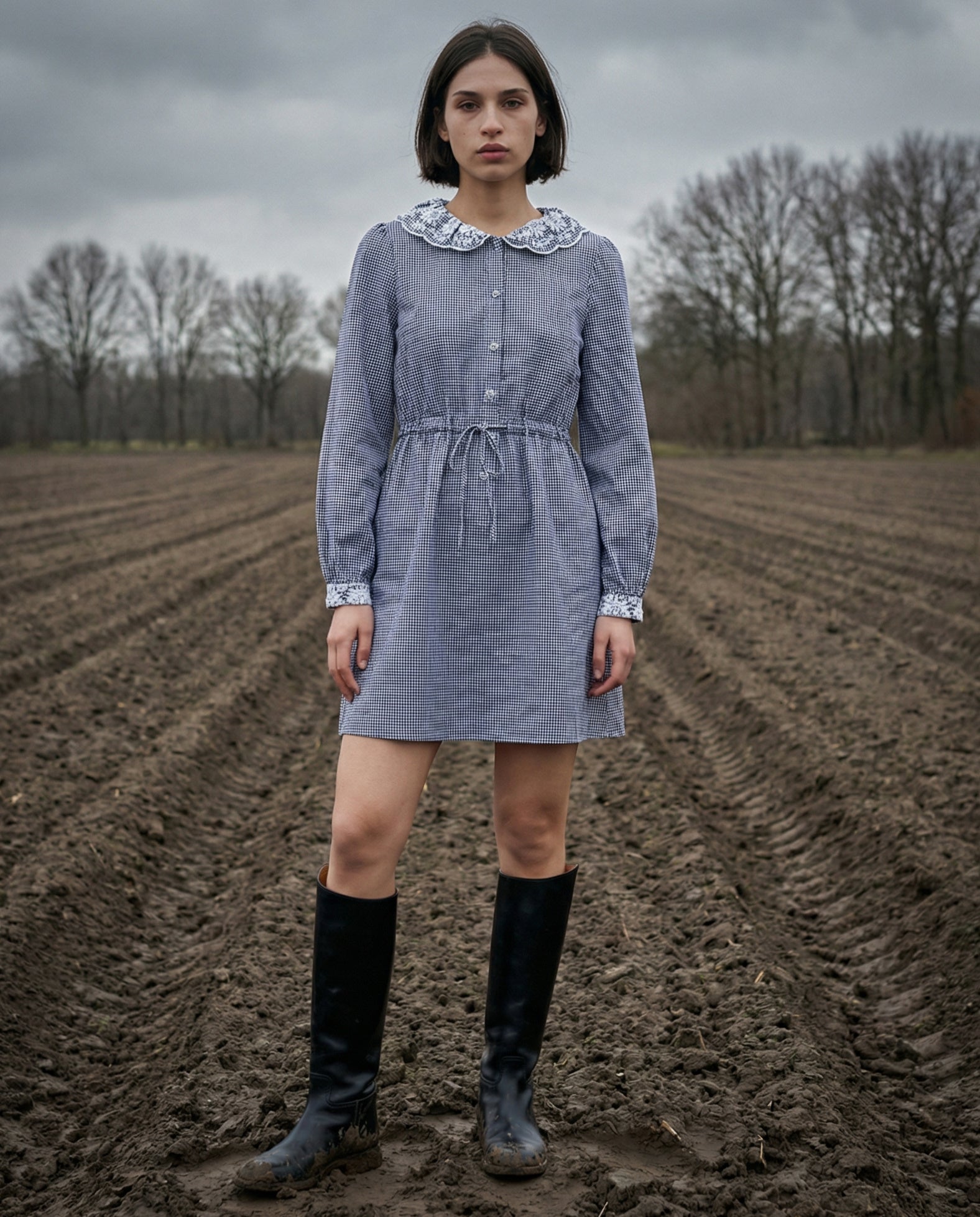 TALIA| Gingham Dress with Embroidered Detail | Navy