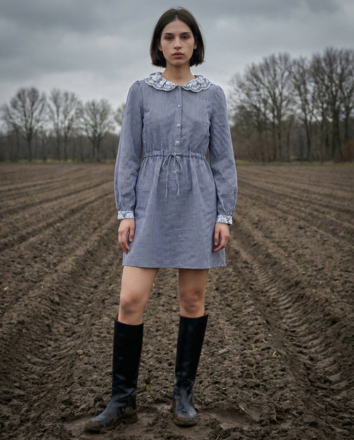 TALIA| Gingham Dress with Embroidered Detail | Navy