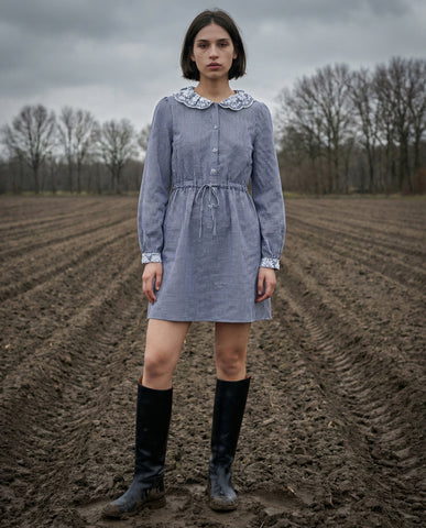 LIRAZ | Ruffle Collar Shirt with Blue Daises | White