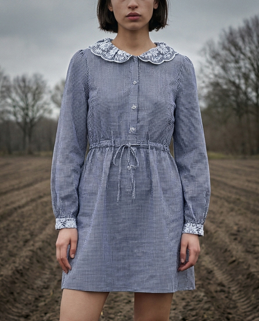 TALIA| Gingham Dress with Embroidered Detail | Navy