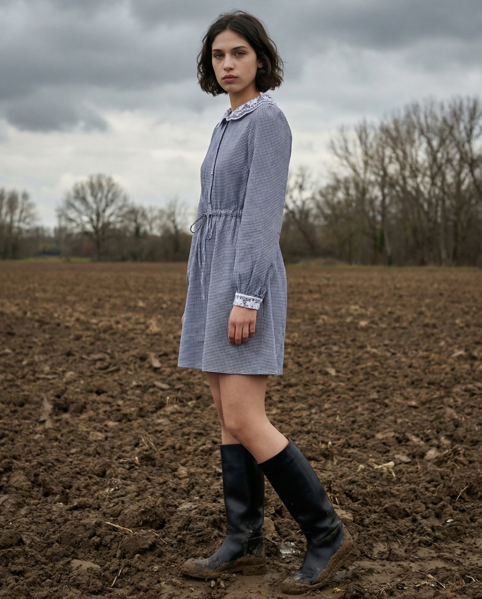 TALIA| Gingham Dress with Embroidered Detail | Navy