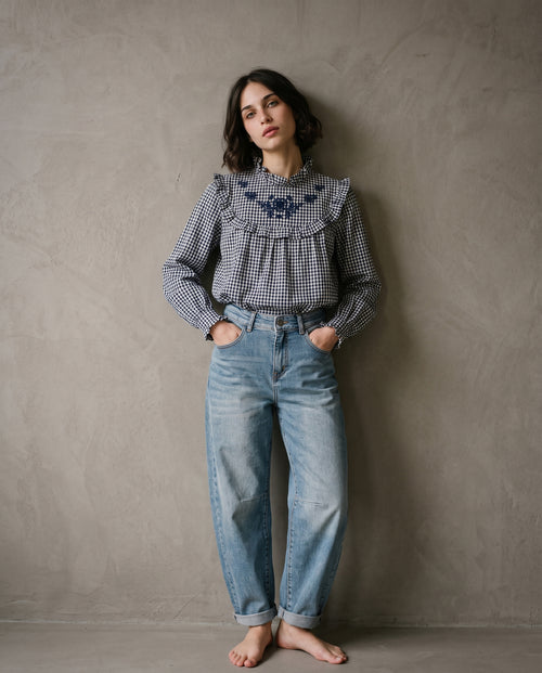 LISSI | Embroidered Blouse | Navy Gingham