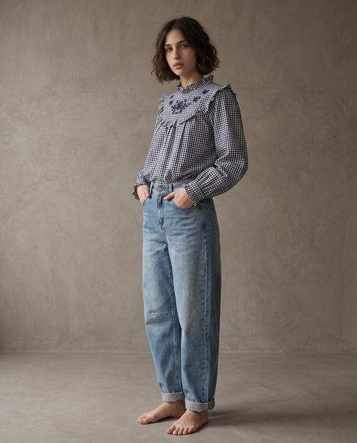 LISSI | Embroidered Blouse | Navy Gingham