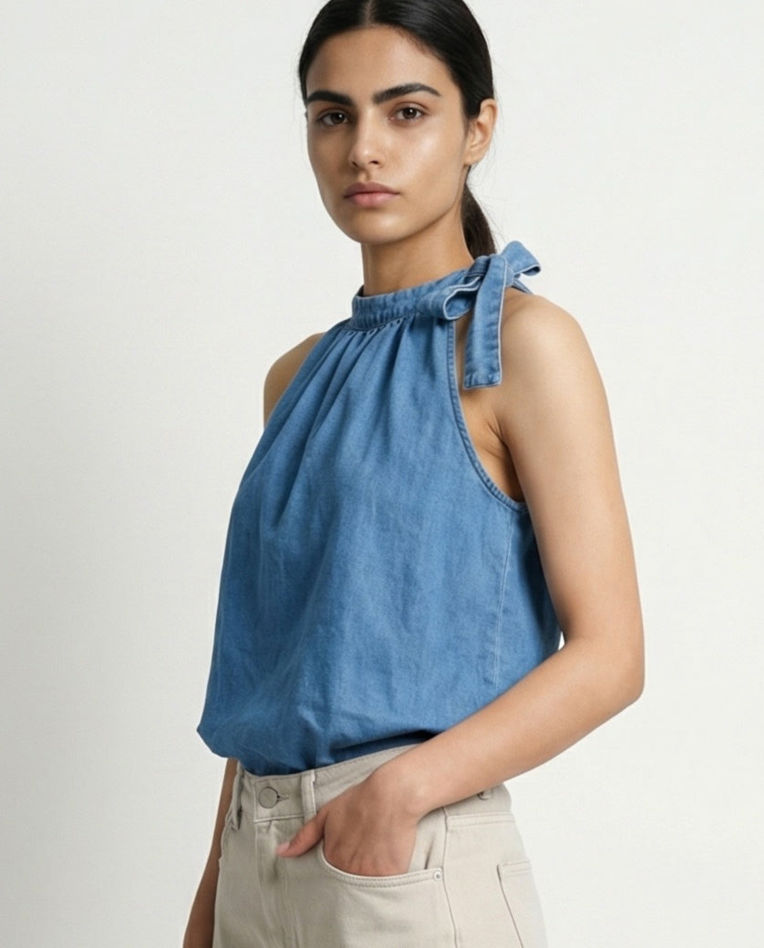 HILI | Ruffle Collar Sleeveless Top | Blue