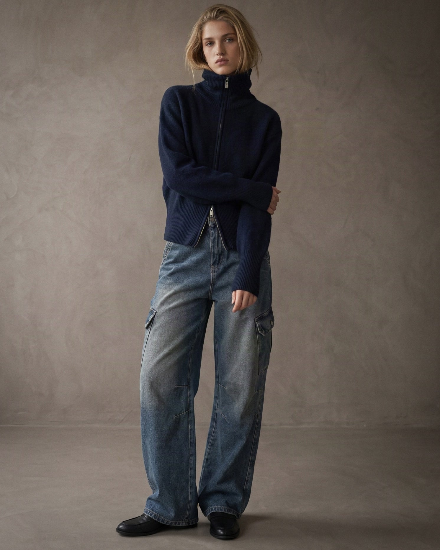 LUCIE | Hi-Collar Zip Cardigan | Midnight