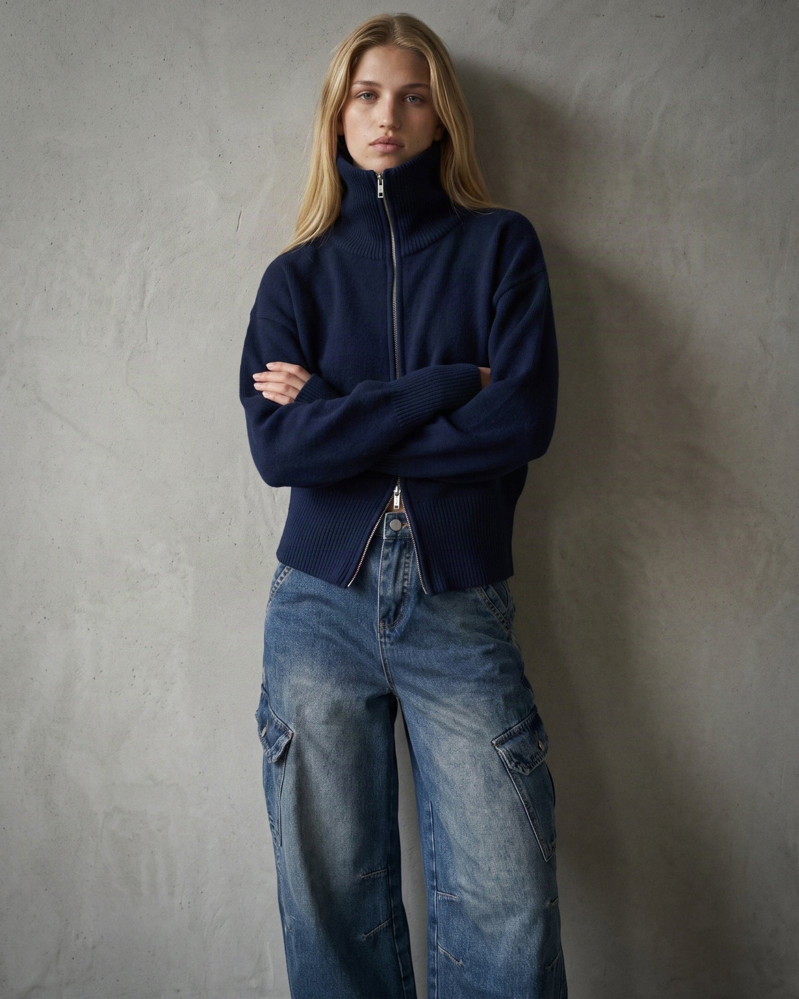 LUCIE | Hi-Collar Zip Cardigan | Midnight