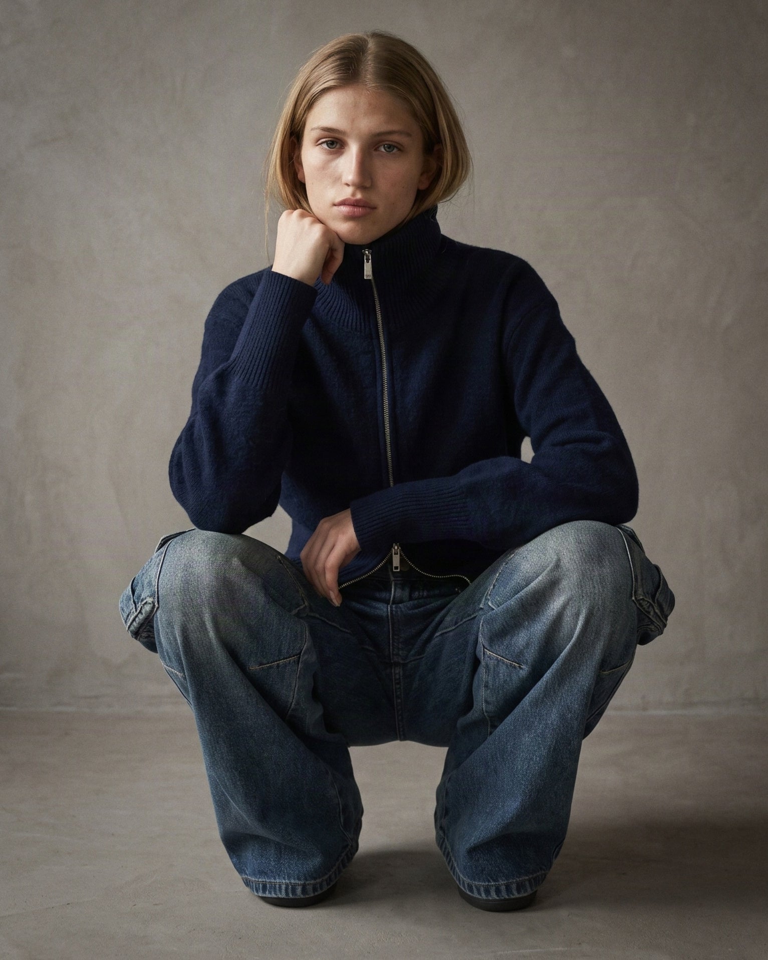LUCIE | Hi-Collar Zip Cardigan | Midnight