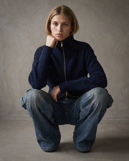 LUCIE | Hi-Collar Zip Cardigan | Midnight