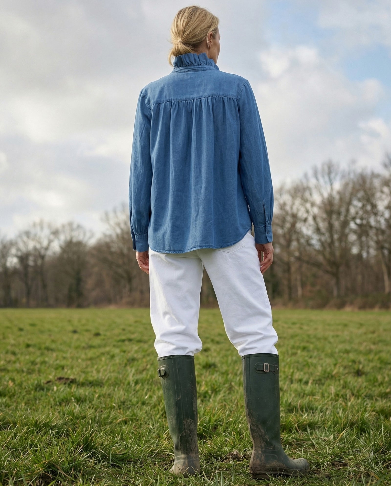 EILA | Ruffle Collar Shirt | Denim Blue