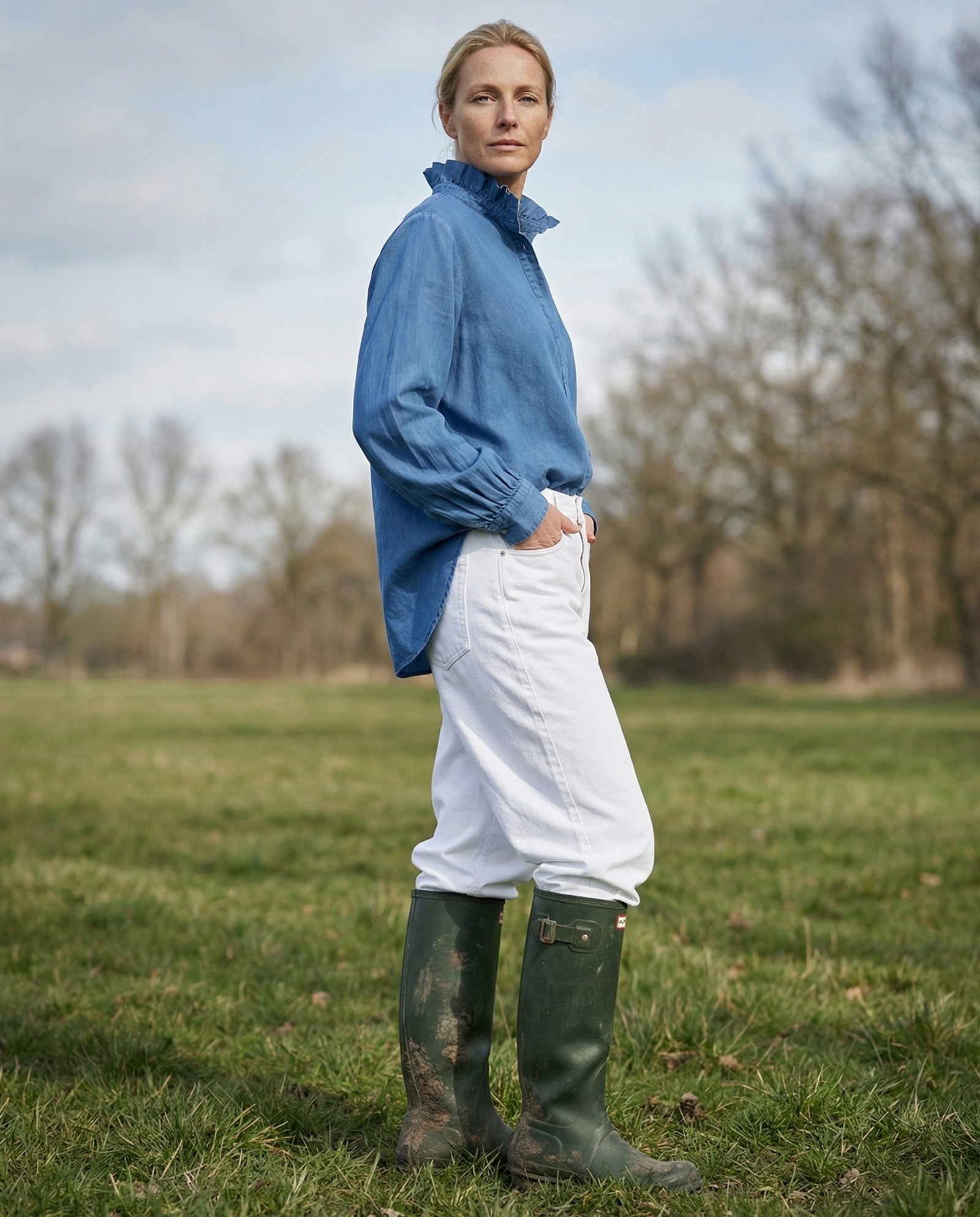 EILA | Ruffle Collar Shirt | Denim Blue