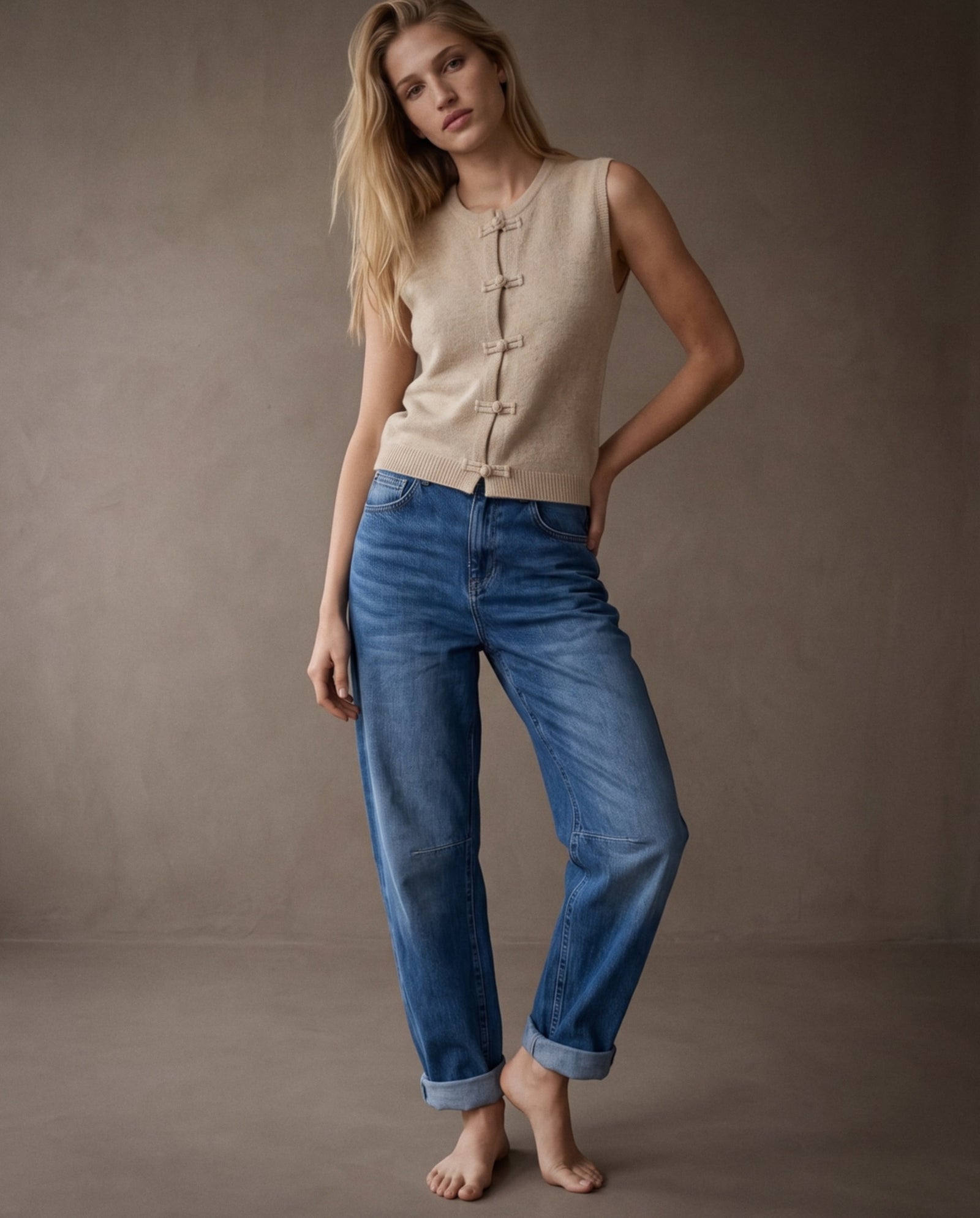 LUZI | Knot Sleeveless Knit Top | Tan