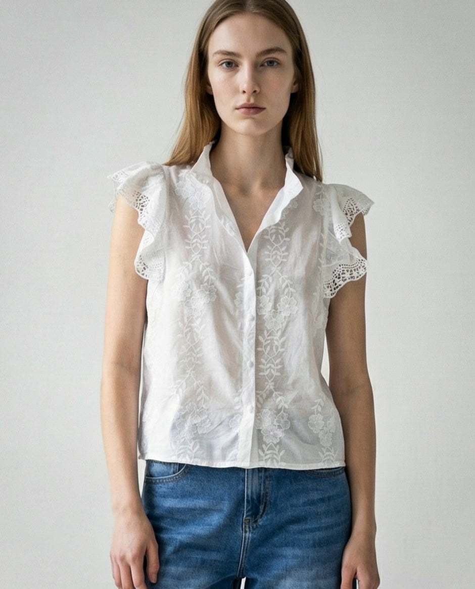NETA | Ruffle & Lace Top | White