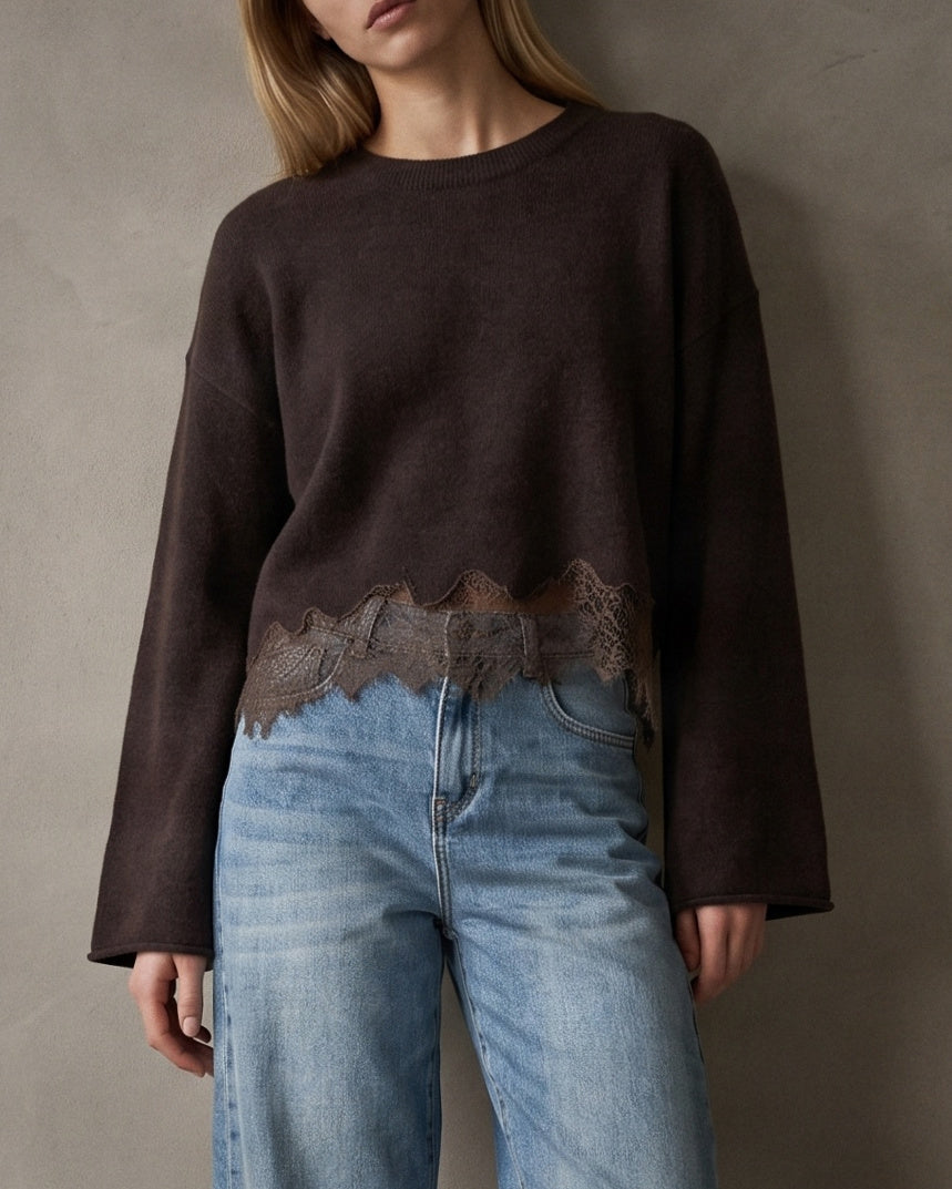 ALICE | Lace Hem Knit Sweater | Chocolate