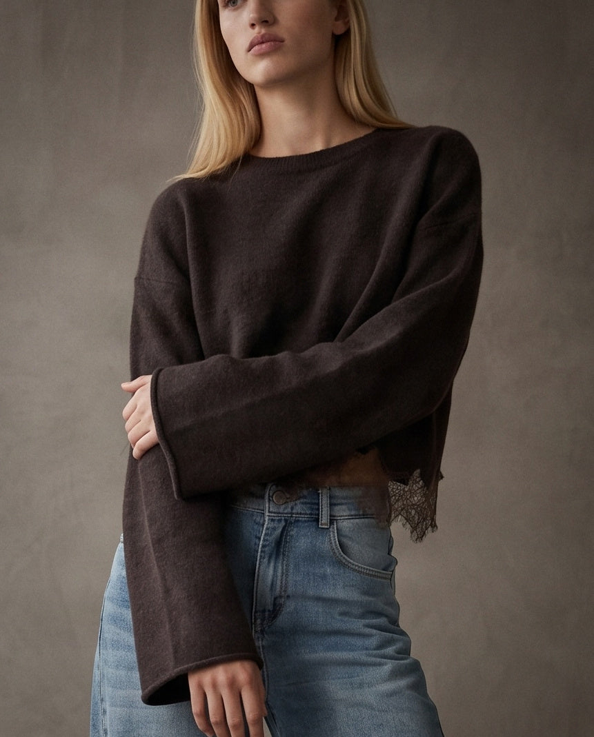 ALICE | Lace Hem Knit Sweater | Chocolate