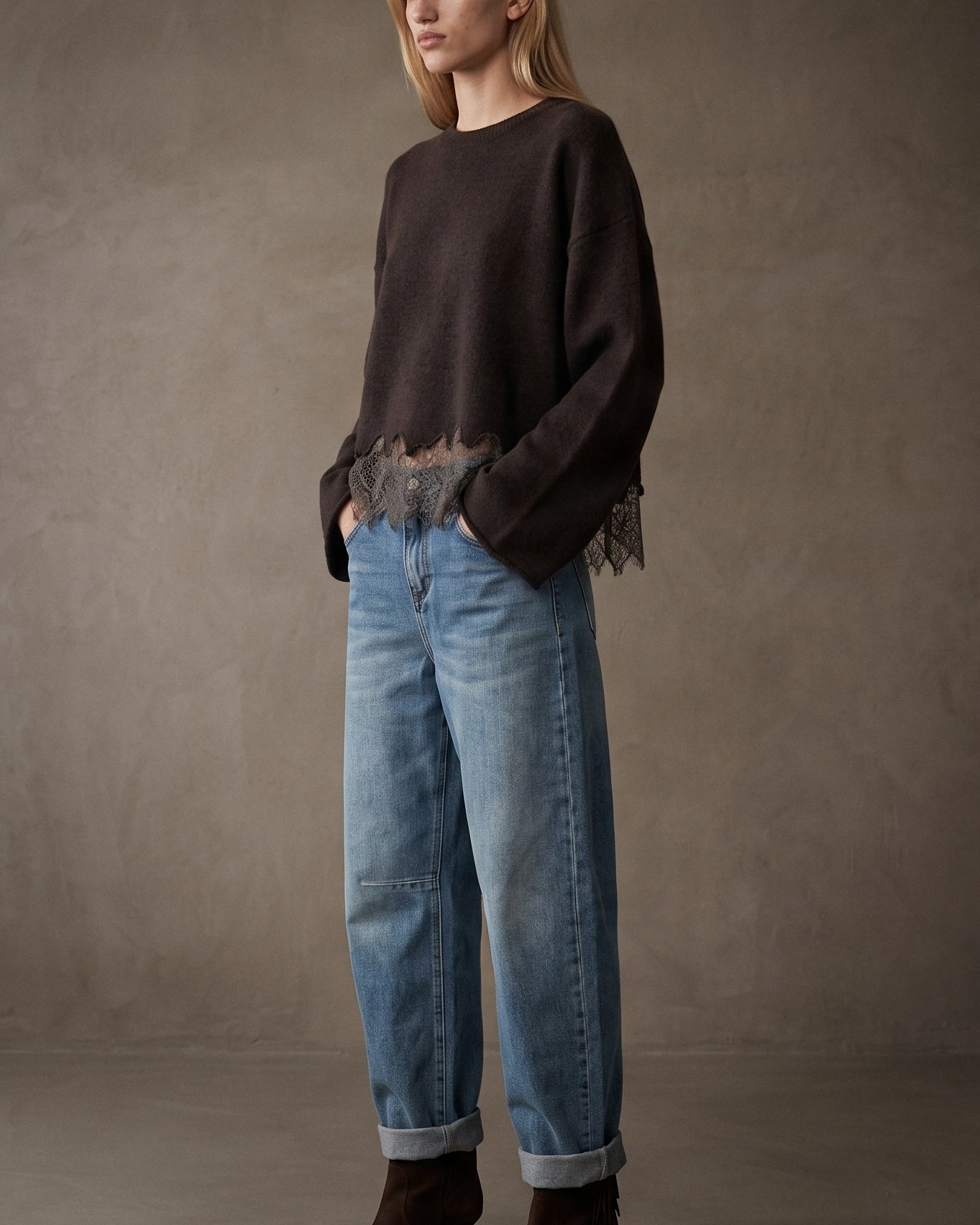 ALICE | Lace Hem Knit Sweater | Chocolate