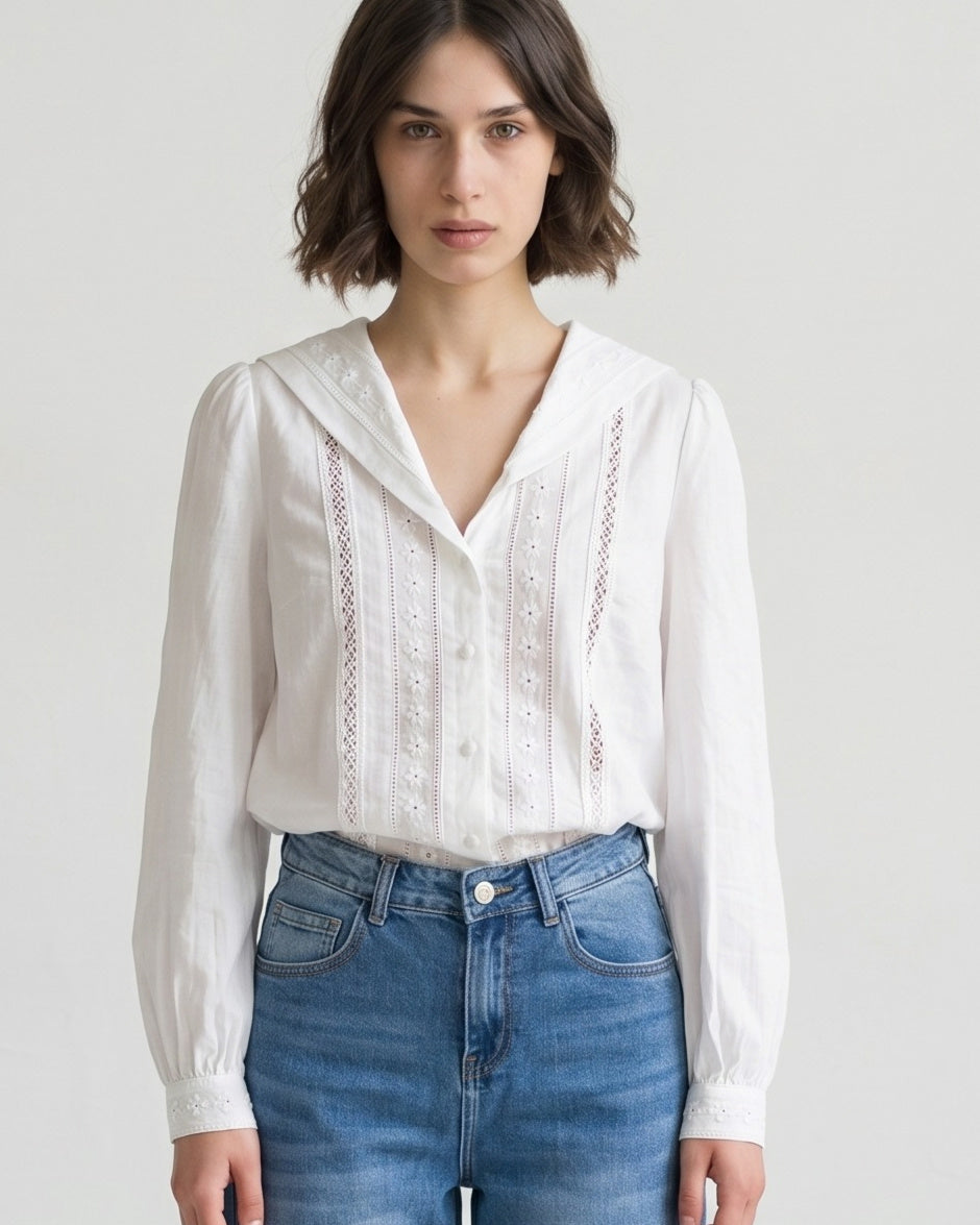 SADIE | Nautical Collar Blouse | White