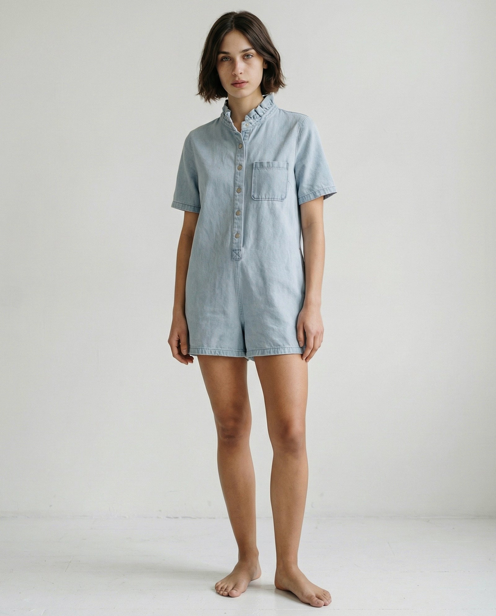 IRIT | Ruffle Short Overalls | Washed Blue