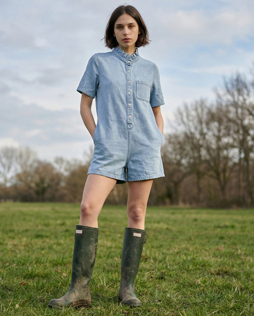 IRIT | Ruffle Short Overalls | Washed Blue
