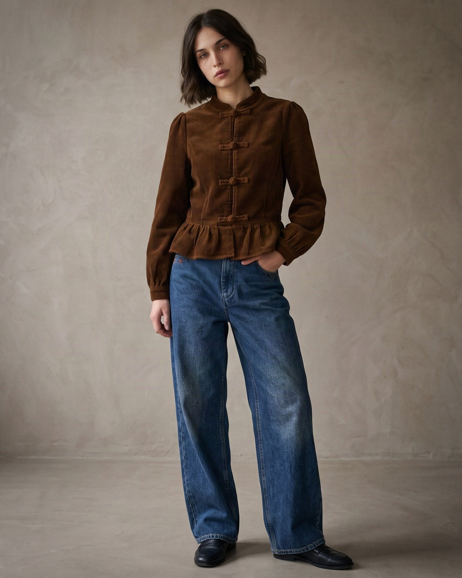 Amélie | Cord Peplum Jacket | Tobacco