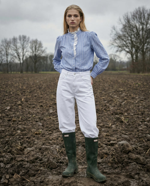 ALIZA | Ruffle Collar & Packet Shirt | Pinstripe