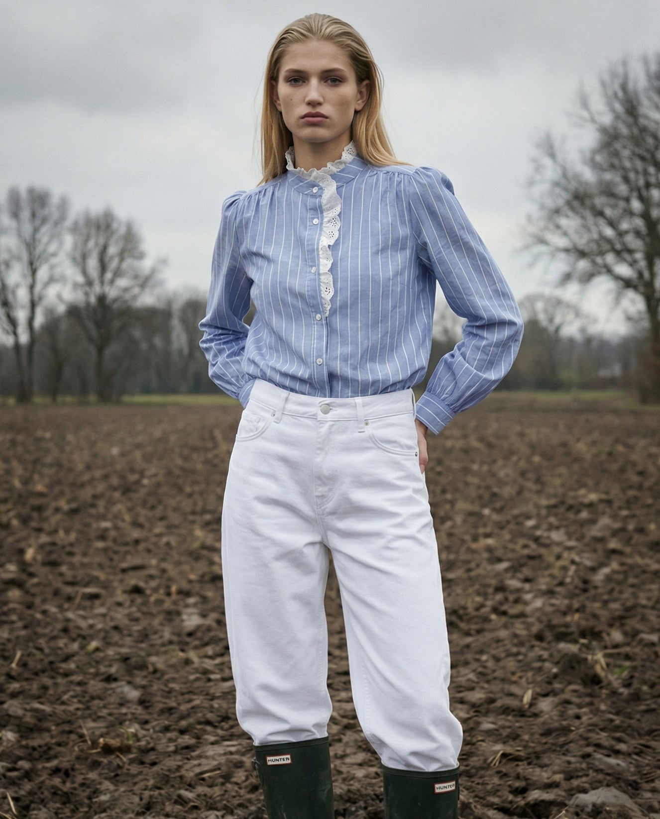 ALIZA | Ruffle Collar & Packet Shirt | Pinstripe