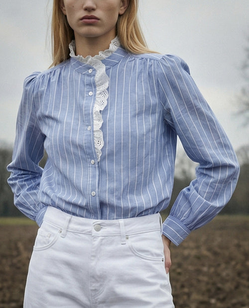 ALIZA | Ruffle Collar & Packet Shirt | Pinstripe