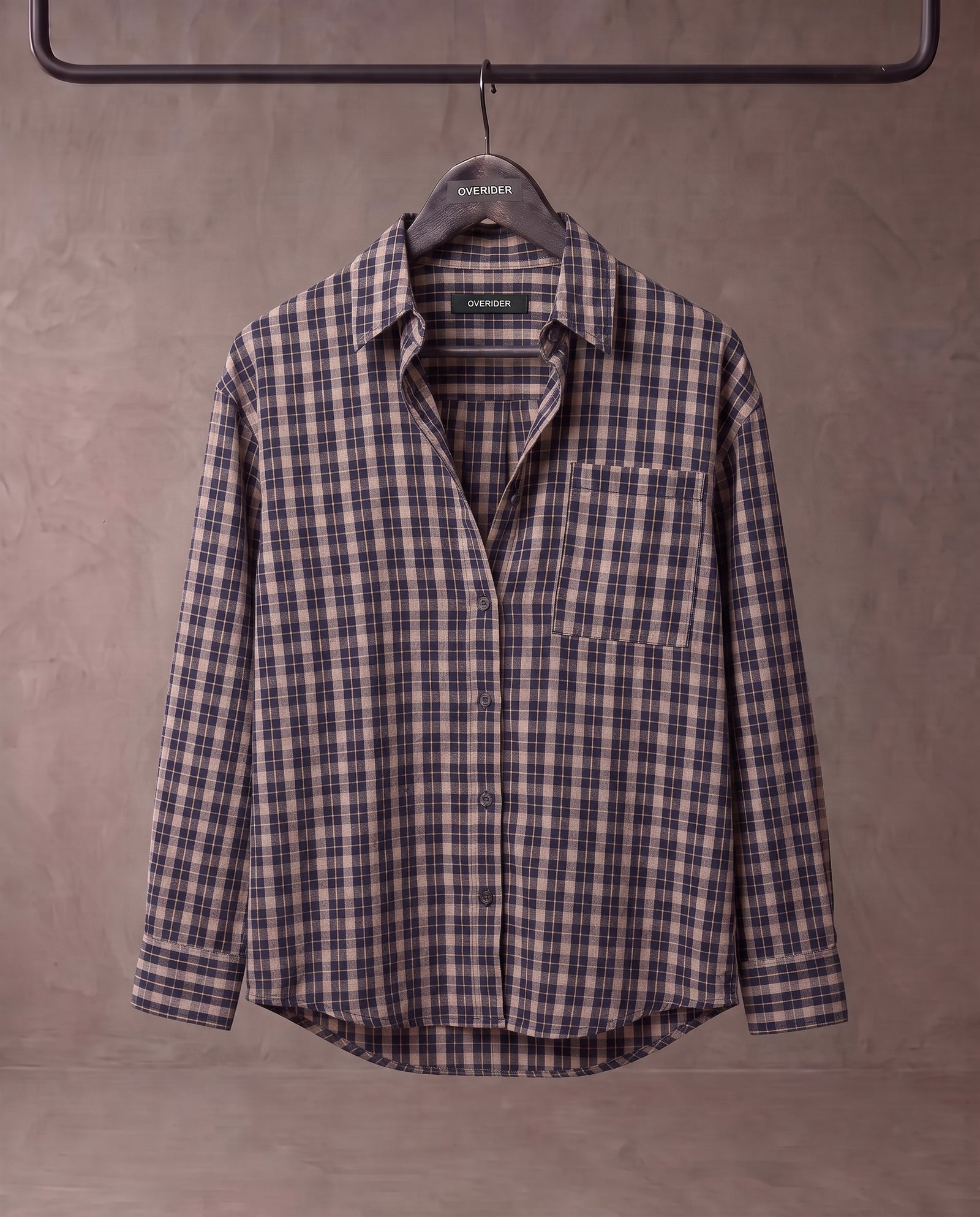 AMIEL | Plaid Cotton Shirt | Taupe/Navy