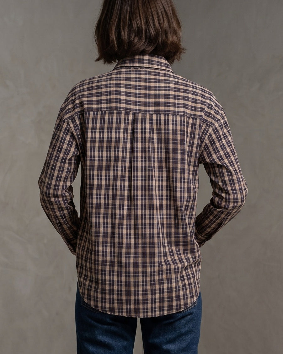 AMIEL | Plaid Cotton Shirt | Taupe/Navy