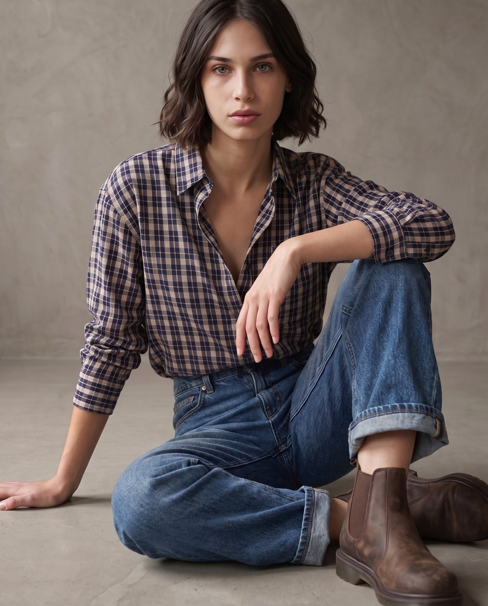 AMIEL | Plaid Cotton Shirt | Taupe/Navy