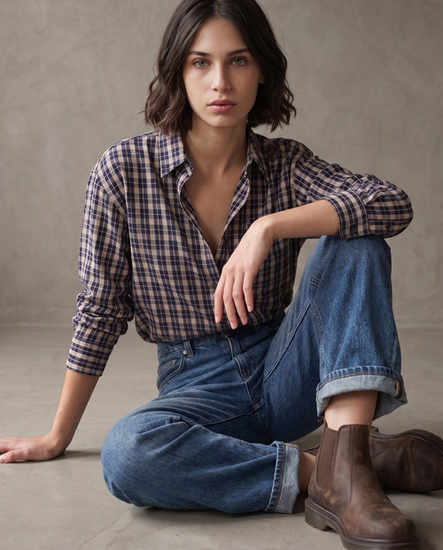 AMIEL | Plaid Cotton Shirt | Taupe/Navy