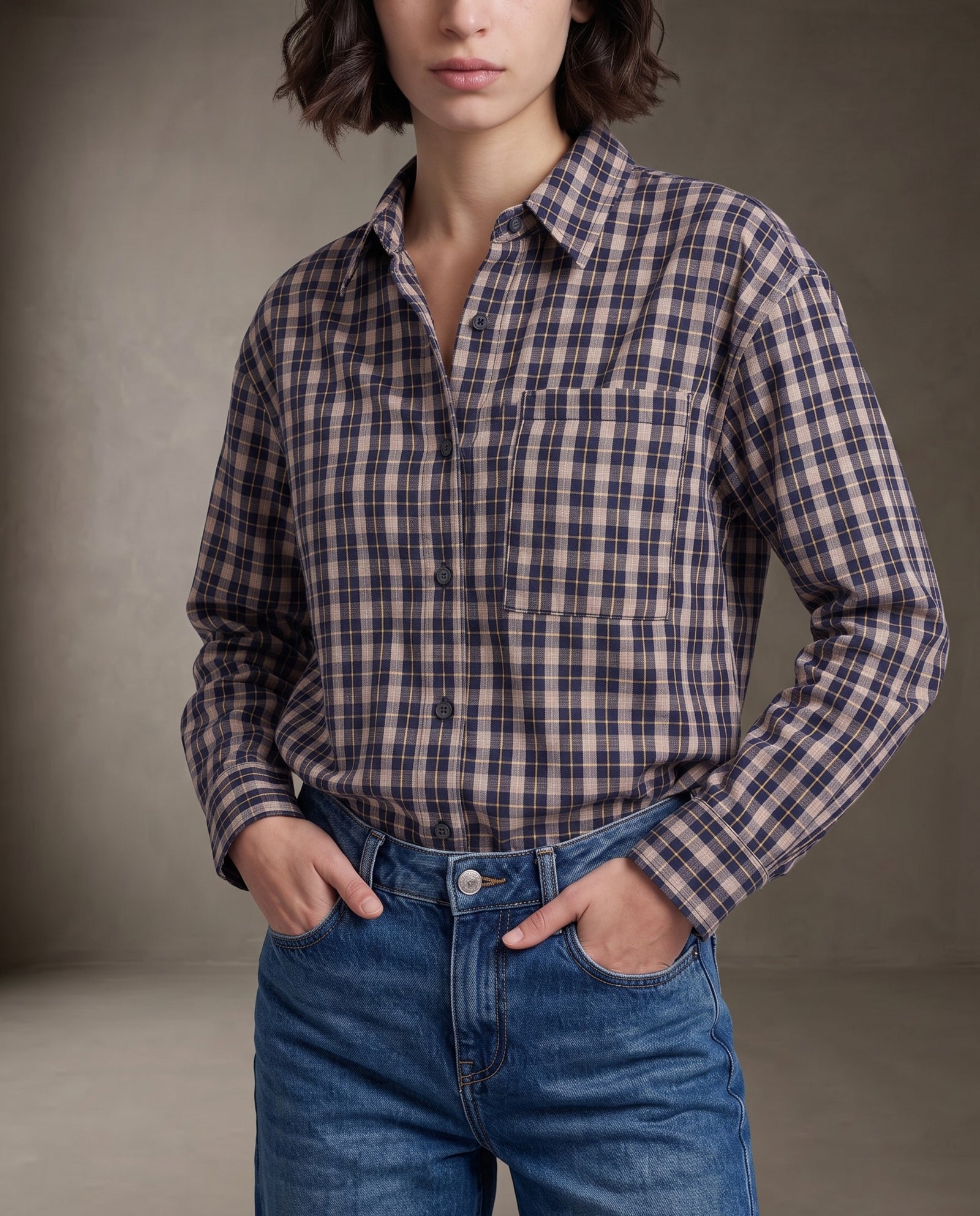 AMIEL | Plaid Cotton Shirt | Taupe/Navy