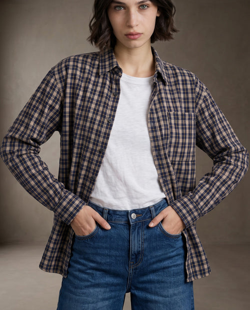 AMIEL | Plaid Cotton Shirt | Taupe/Navy