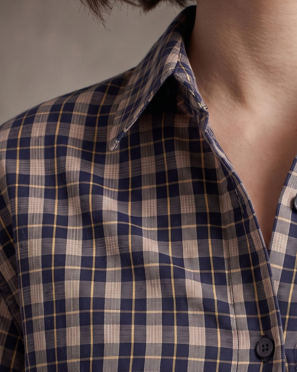 AMIEL | Plaid Cotton Shirt | Taupe/Navy